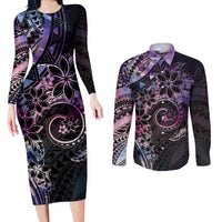 Polynesian Sunset Plumeria Couples Matching Long Sleeve Bodycon Dress and Long Sleeve Button Shirt Galaxy Polynesian Tattoo LT05 Galaxy - Polynesian Pride