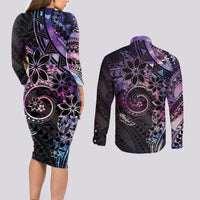 Polynesian Sunset Plumeria Couples Matching Long Sleeve Bodycon Dress and Long Sleeve Button Shirt Galaxy Polynesian Tattoo LT05 - Polynesian Pride