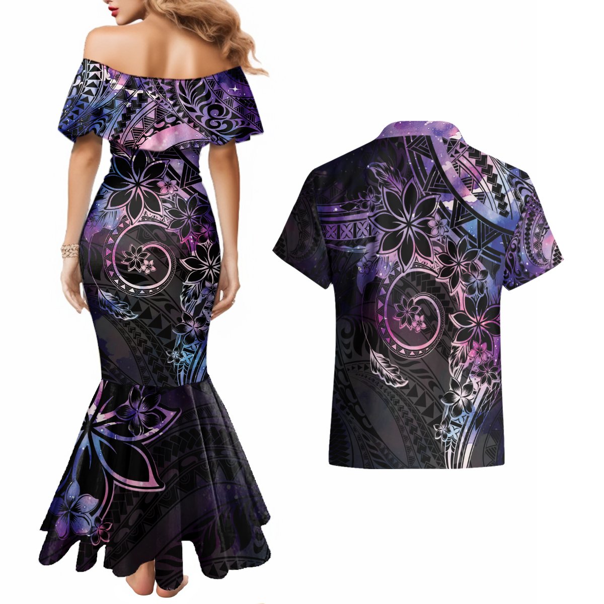 Polynesian Sunset Plumeria Couples Matching Mermaid Dress and Hawaiian Shirt Galaxy Polynesian Tattoo LT05 - Polynesian Pride