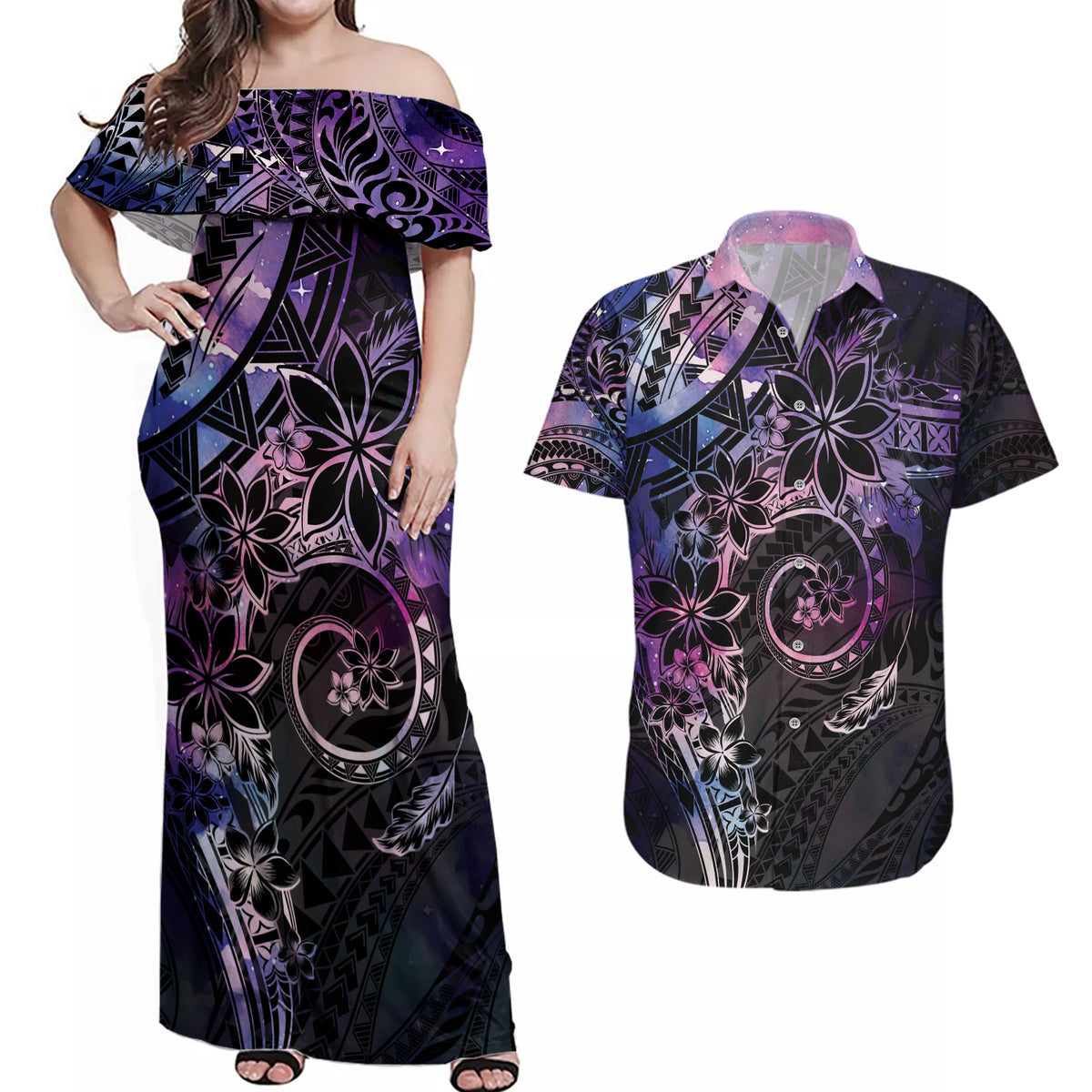 Polynesian Sunset Plumeria Couples Matching Off Shoulder Maxi Dress and Hawaiian Shirt Galaxy Polynesian Tattoo LT05 Galaxy - Polynesian Pride