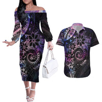Polynesian Sunset Plumeria Couples Matching Off The Shoulder Long Sleeve Dress and Hawaiian Shirt Galaxy Polynesian Tattoo LT05 Galaxy - Polynesian Pride