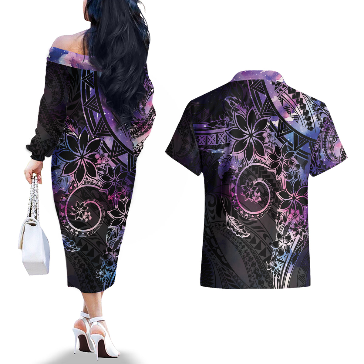 Polynesian Sunset Plumeria Couples Matching Off The Shoulder Long Sleeve Dress and Hawaiian Shirt Galaxy Polynesian Tattoo LT05 - Polynesian Pride