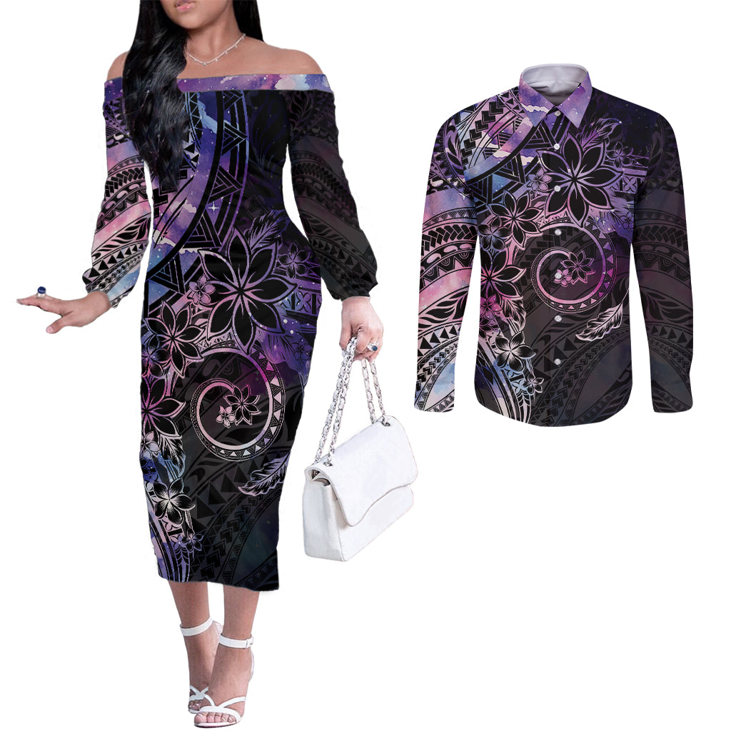 Polynesian Sunset Plumeria Couples Matching Off The Shoulder Long Sleeve Dress and Long Sleeve Button Shirt Galaxy Polynesian Tattoo LT05 Galaxy - Polynesian Pride