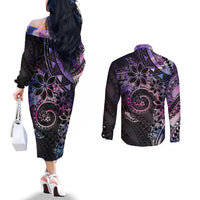 Polynesian Sunset Plumeria Couples Matching Off The Shoulder Long Sleeve Dress and Long Sleeve Button Shirt Galaxy Polynesian Tattoo LT05 - Polynesian Pride