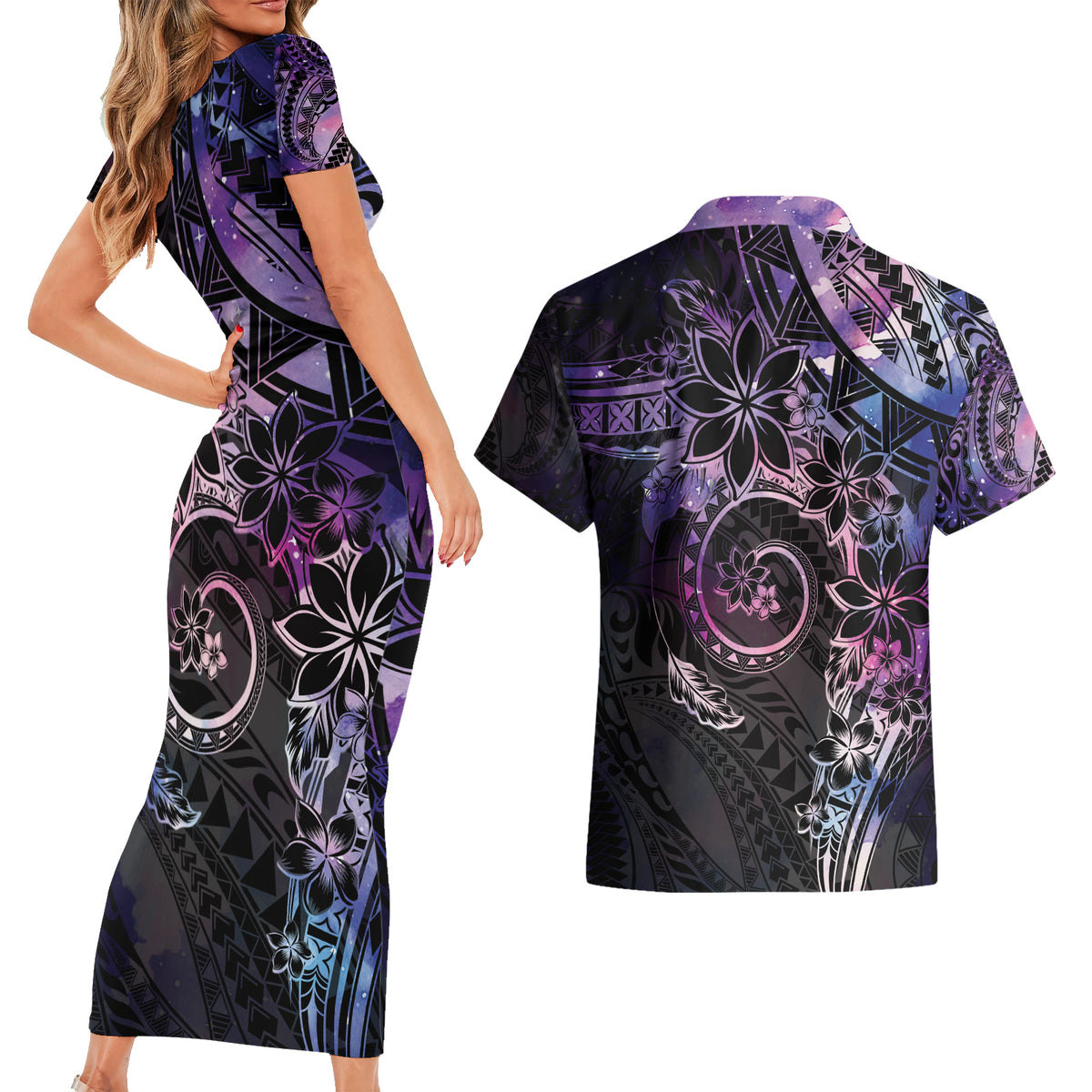 Polynesian Sunset Plumeria Couples Matching Short Sleeve Bodycon Dress and Hawaiian Shirt Galaxy Polynesian Tattoo LT05 - Polynesian Pride