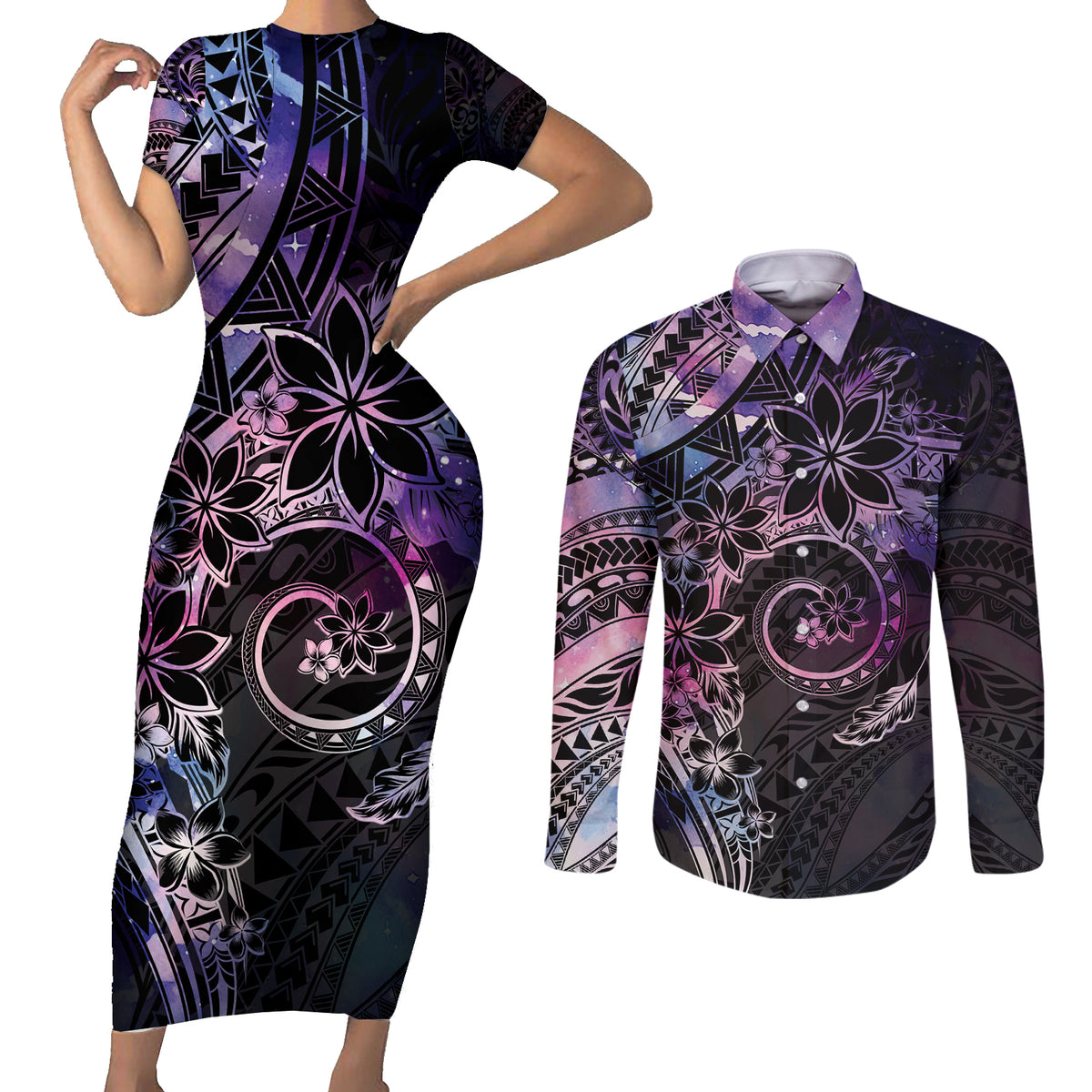 Polynesian Sunset Plumeria Couples Matching Short Sleeve Bodycon Dress and Long Sleeve Button Shirt Galaxy Polynesian Tattoo LT05 Galaxy - Polynesian Pride