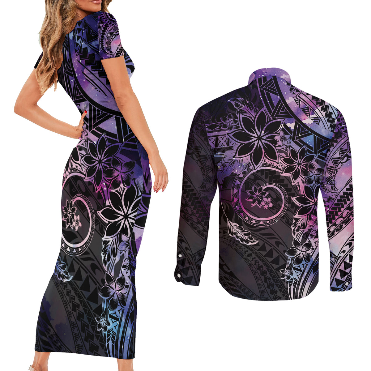 Polynesian Sunset Plumeria Couples Matching Short Sleeve Bodycon Dress and Long Sleeve Button Shirt Galaxy Polynesian Tattoo LT05 - Polynesian Pride