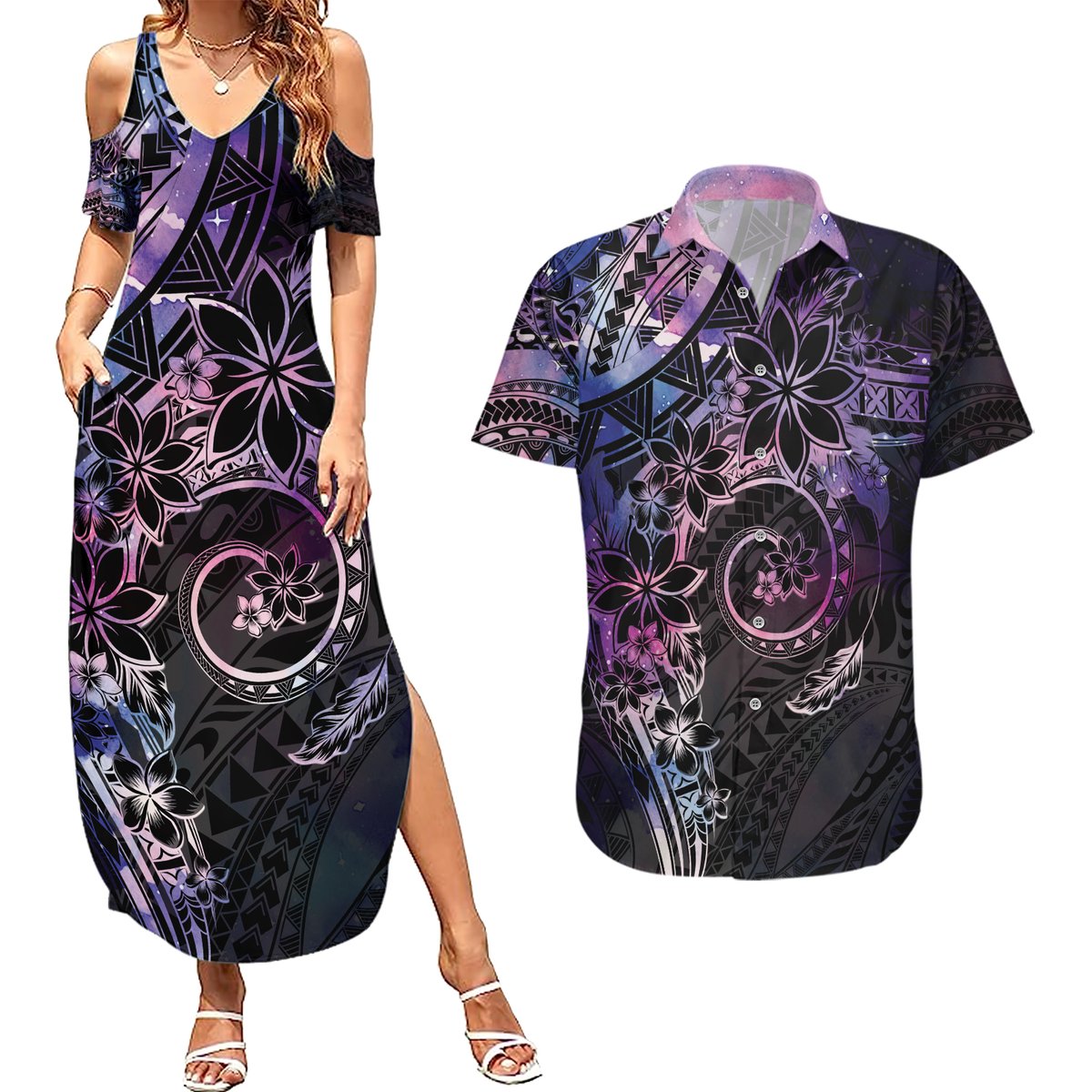Polynesian Sunset Plumeria Couples Matching Summer Maxi Dress and Hawaiian Shirt Galaxy Polynesian Tattoo