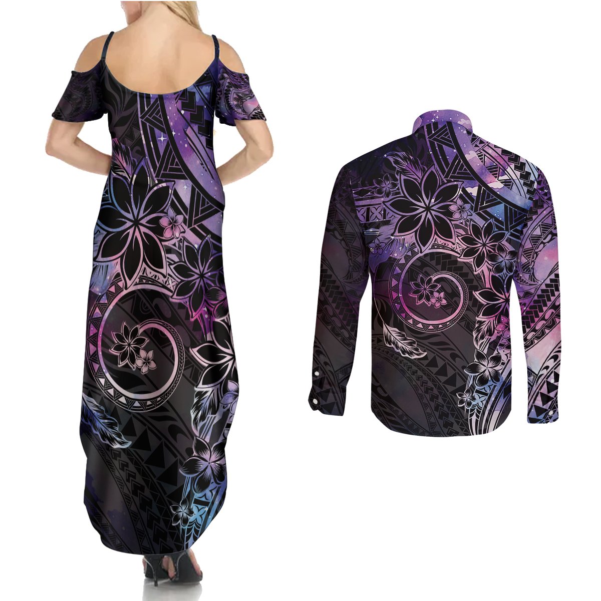 Polynesian Sunset Plumeria Couples Matching Summer Maxi Dress and Long Sleeve Button Shirt Galaxy Polynesian Tattoo