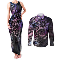 Polynesian Sunset Plumeria Couples Matching Tank Maxi Dress and Long Sleeve Button Shirt Galaxy Polynesian Tattoo