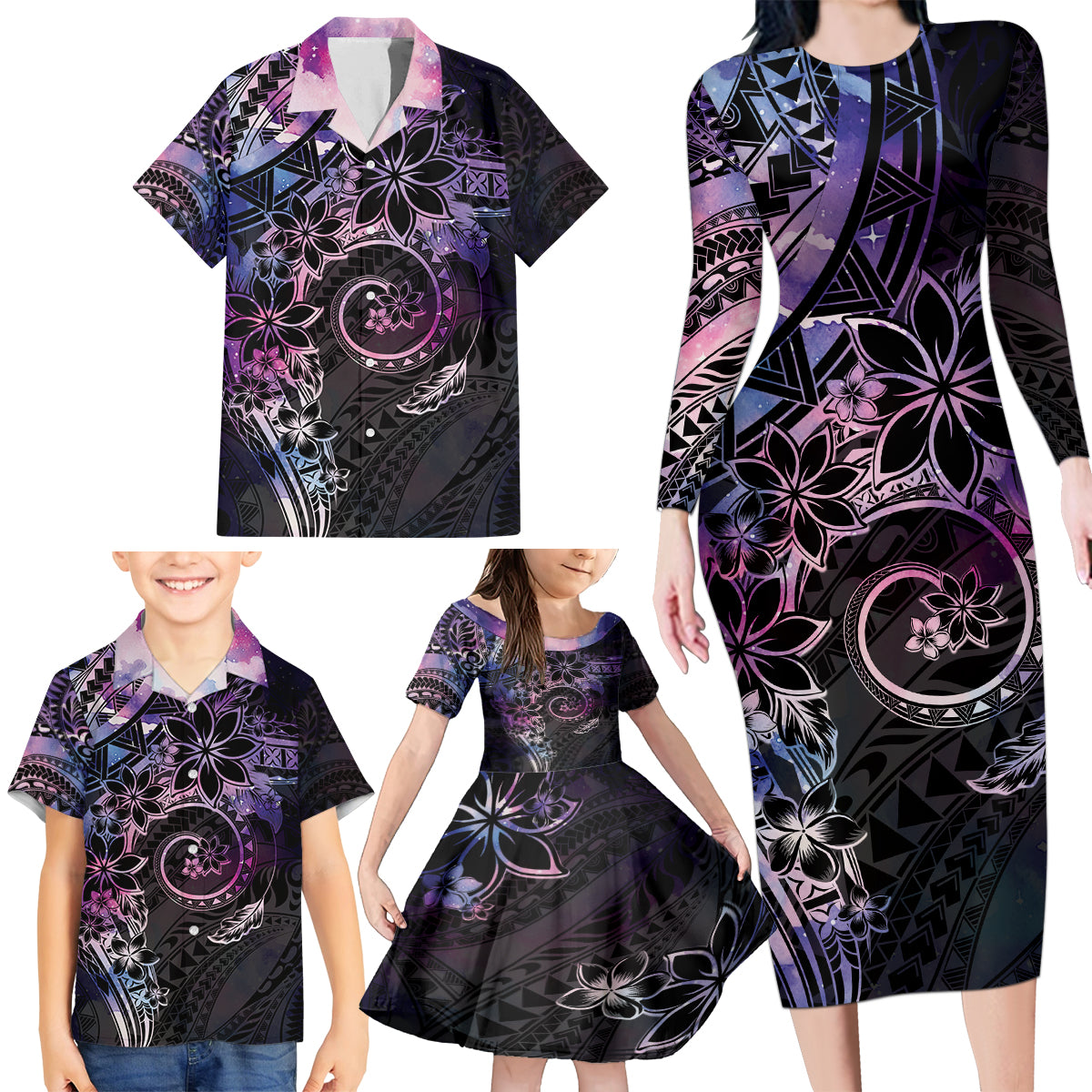 Polynesian Sunset Plumeria Family Matching Long Sleeve Bodycon Dress and Hawaiian Shirt Galaxy Polynesian Tattoo LT05 - Polynesian Pride
