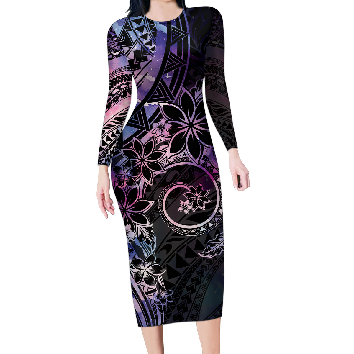 Polynesian Sunset Plumeria Family Matching Long Sleeve Bodycon Dress and Hawaiian Shirt Galaxy Polynesian Tattoo LT05 Mom's Dress Galaxy - Polynesian Pride