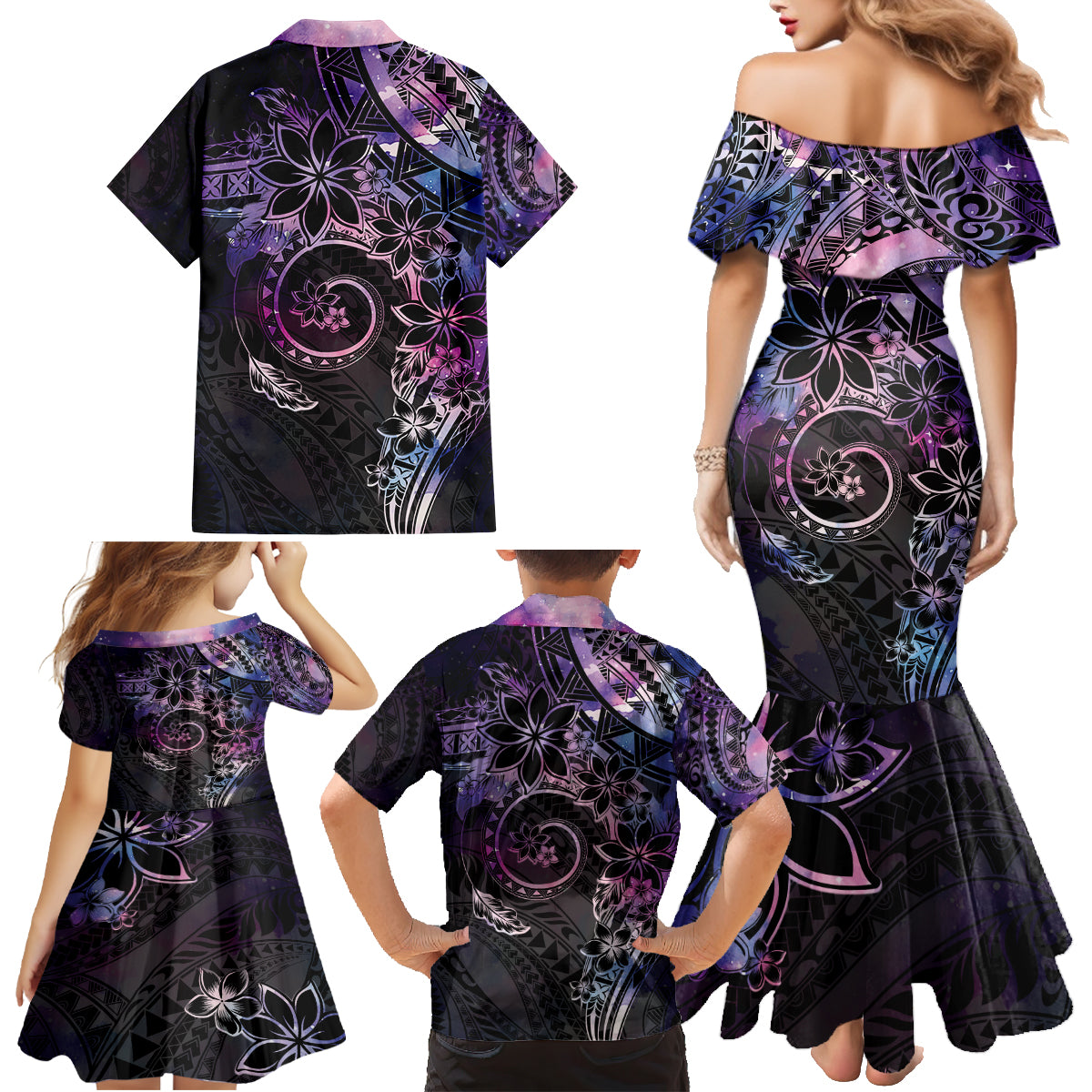 Polynesian Sunset Plumeria Family Matching Mermaid Dress and Hawaiian Shirt Galaxy Polynesian Tattoo LT05 - Polynesian Pride