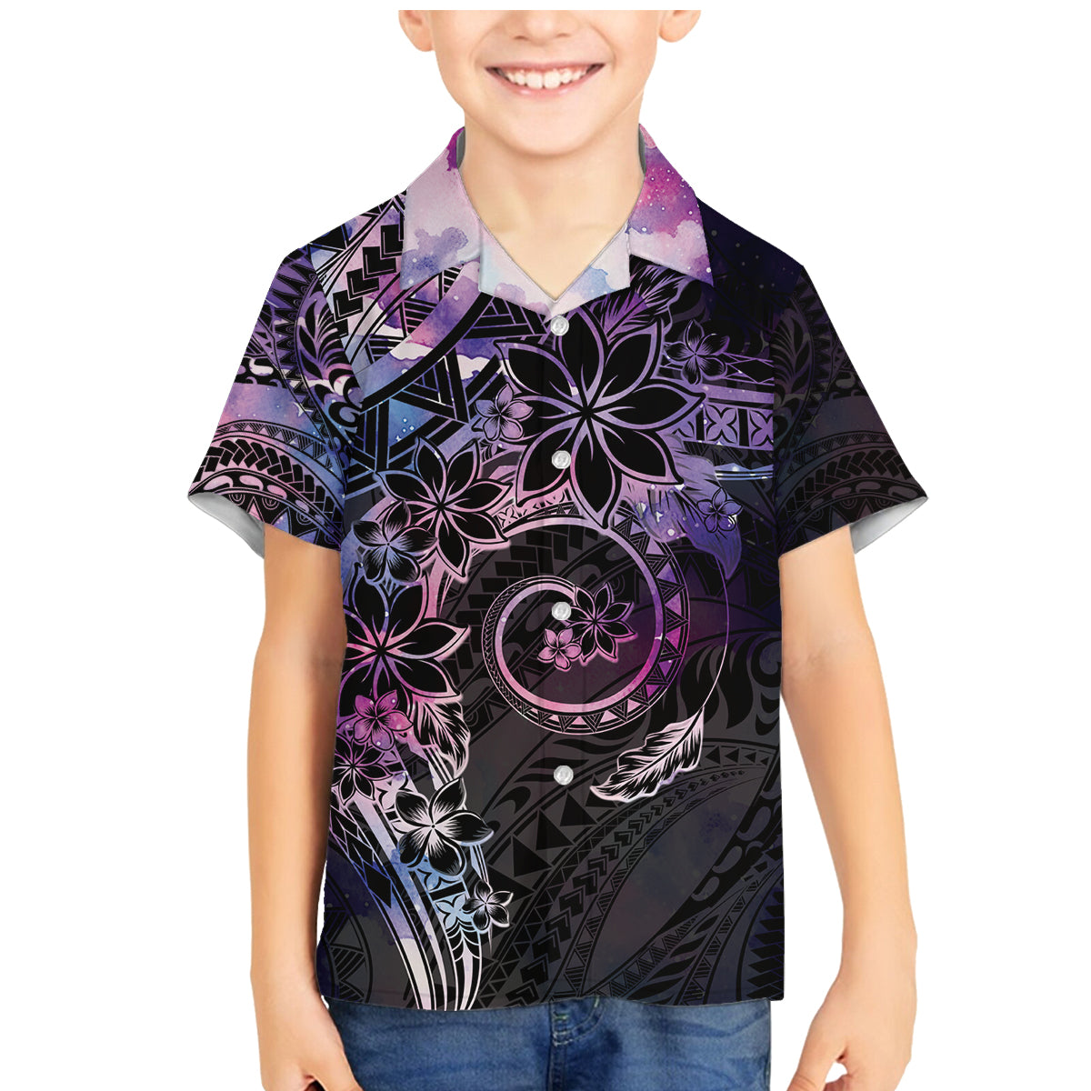 Polynesian Sunset Plumeria Family Matching Mermaid Dress and Hawaiian Shirt Galaxy Polynesian Tattoo LT05 Son's Shirt Galaxy - Polynesian Pride