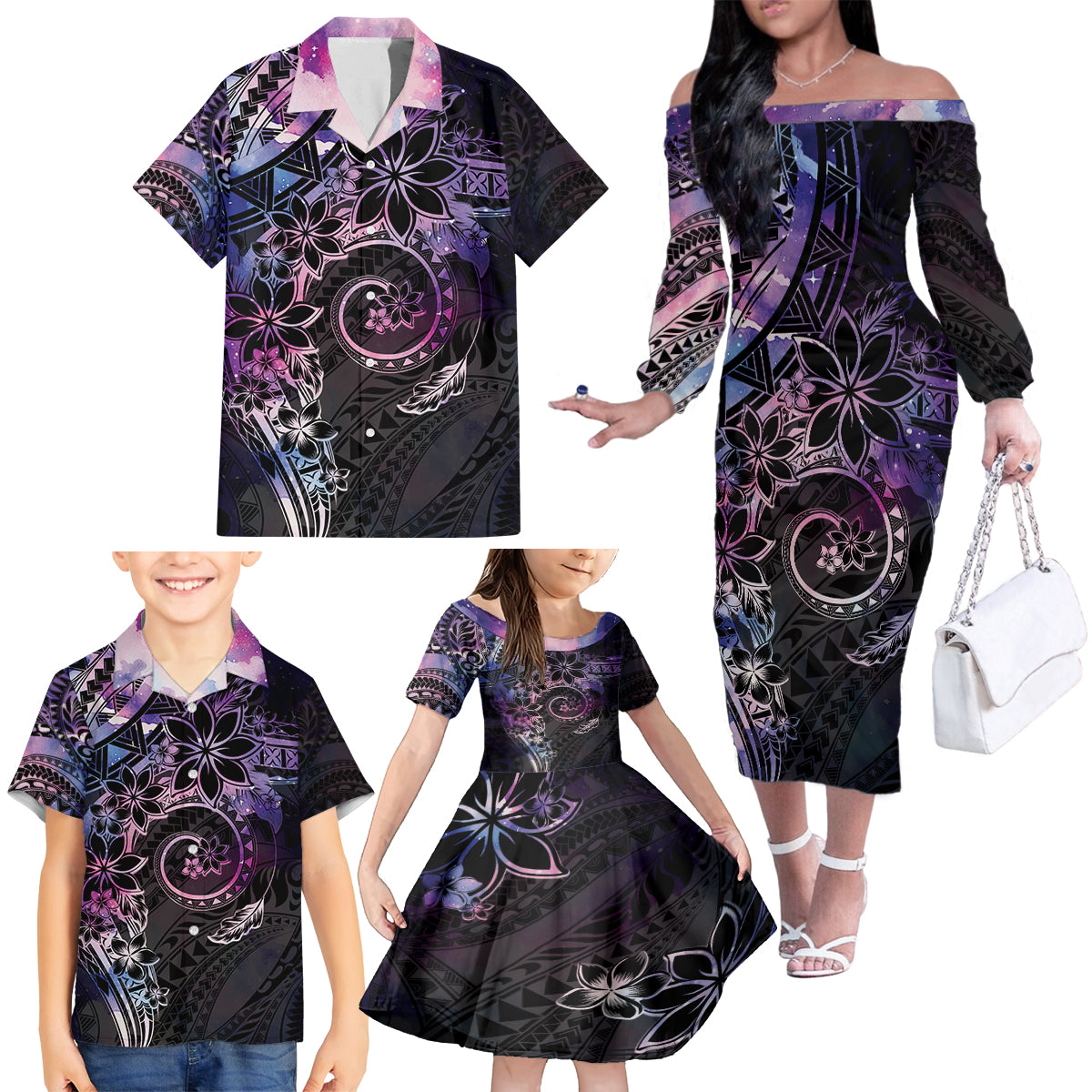 Polynesian Sunset Plumeria Family Matching Off The Shoulder Long Sleeve Dress and Hawaiian Shirt Galaxy Polynesian Tattoo LT05 - Polynesian Pride