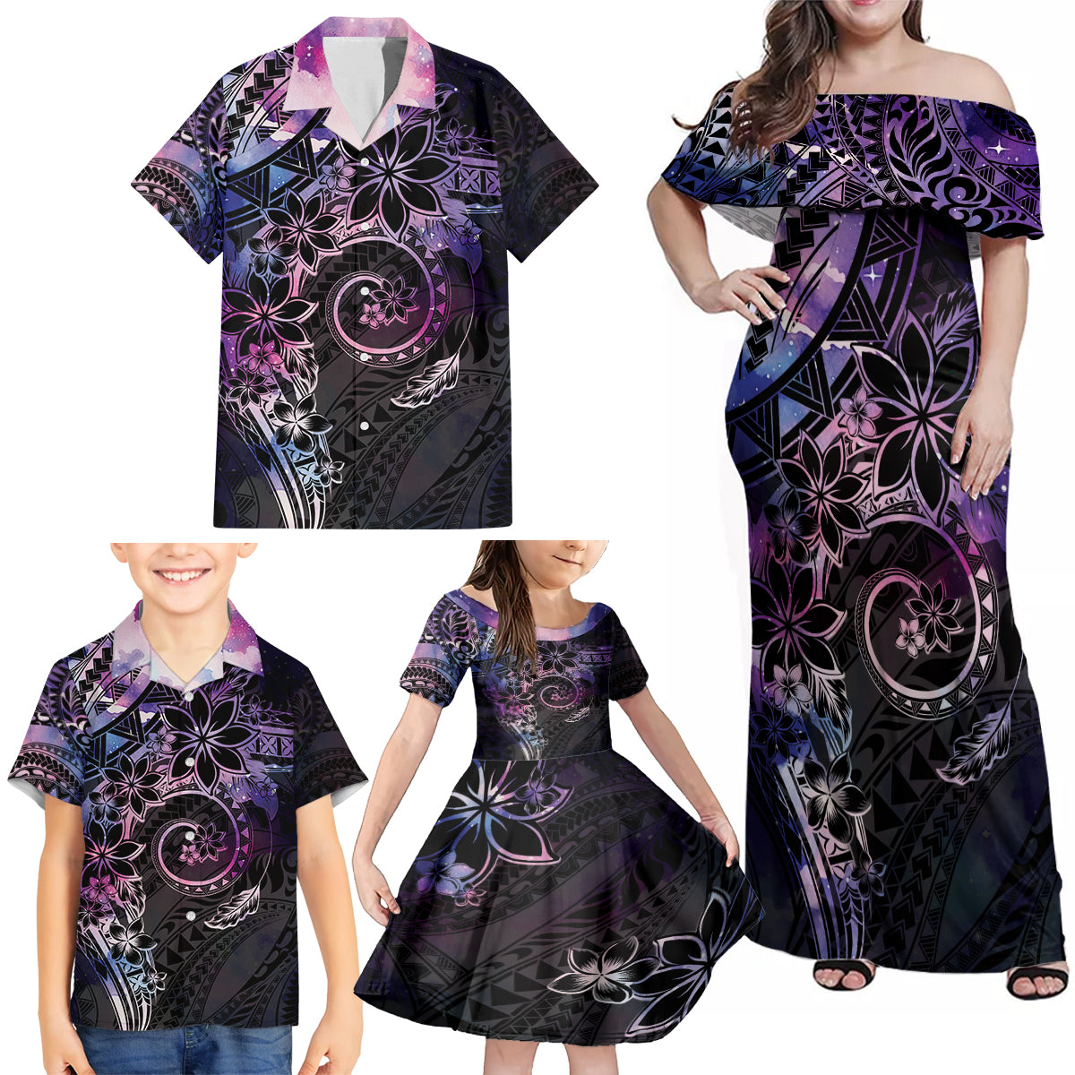 Polynesian Sunset Plumeria Family Matching Off Shoulder Maxi Dress and Hawaiian Shirt Galaxy Polynesian Tattoo LT05 - Polynesian Pride
