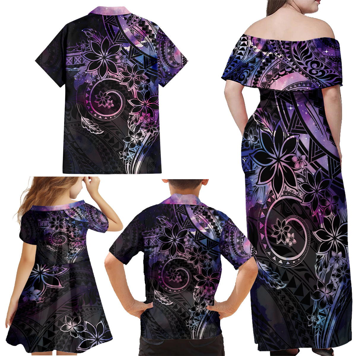 Polynesian Sunset Plumeria Family Matching Off Shoulder Maxi Dress and Hawaiian Shirt Galaxy Polynesian Tattoo LT05 - Polynesian Pride