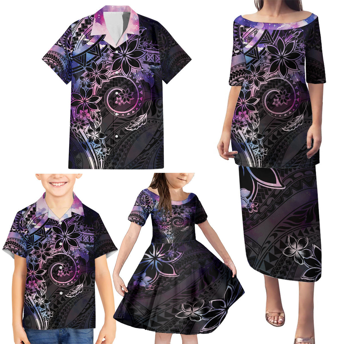 Polynesian Sunset Plumeria Family Matching Puletasi and Hawaiian Shirt Galaxy Polynesian Tattoo LT05 - Polynesian Pride