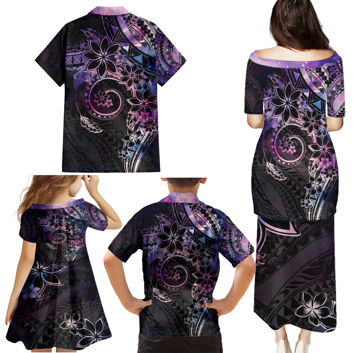 Polynesian Sunset Plumeria Family Matching Puletasi and Hawaiian Shirt Galaxy Polynesian Tattoo LT05 - Polynesian Pride