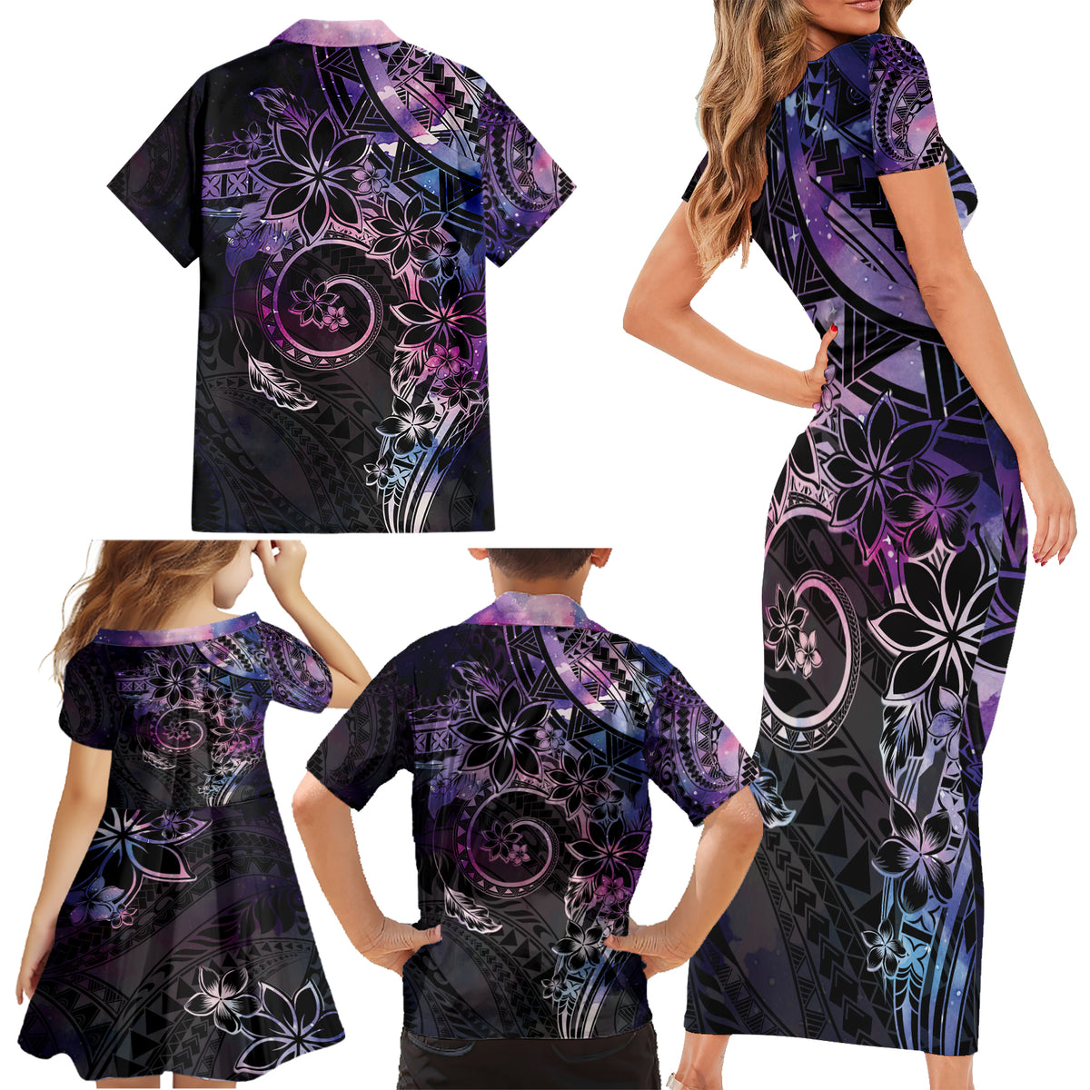 Polynesian Sunset Plumeria Family Matching Short Sleeve Bodycon Dress and Hawaiian Shirt Galaxy Polynesian Tattoo LT05 - Polynesian Pride