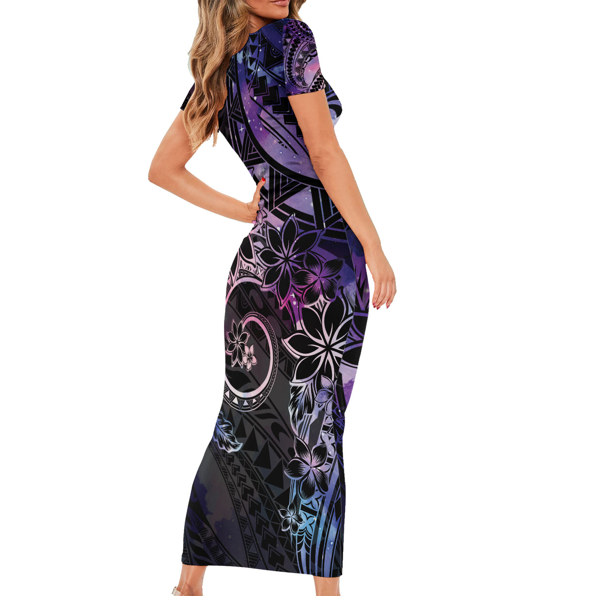 Polynesian Sunset Plumeria Family Matching Short Sleeve Bodycon Dress and Hawaiian Shirt Galaxy Polynesian Tattoo LT05 - Polynesian Pride
