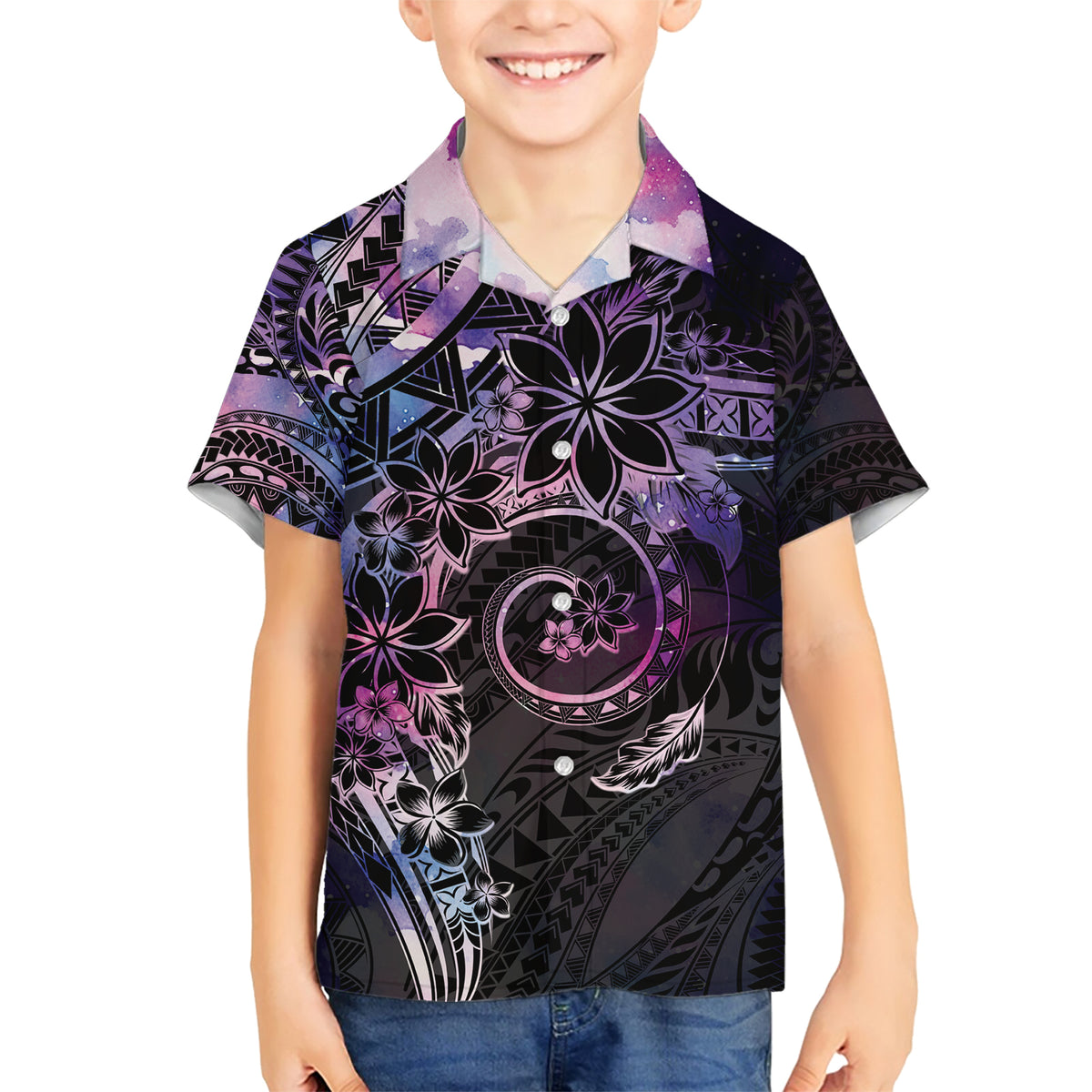 Polynesian Sunset Plumeria Family Matching Short Sleeve Bodycon Dress and Hawaiian Shirt Galaxy Polynesian Tattoo LT05 Son's Shirt Galaxy - Polynesian Pride