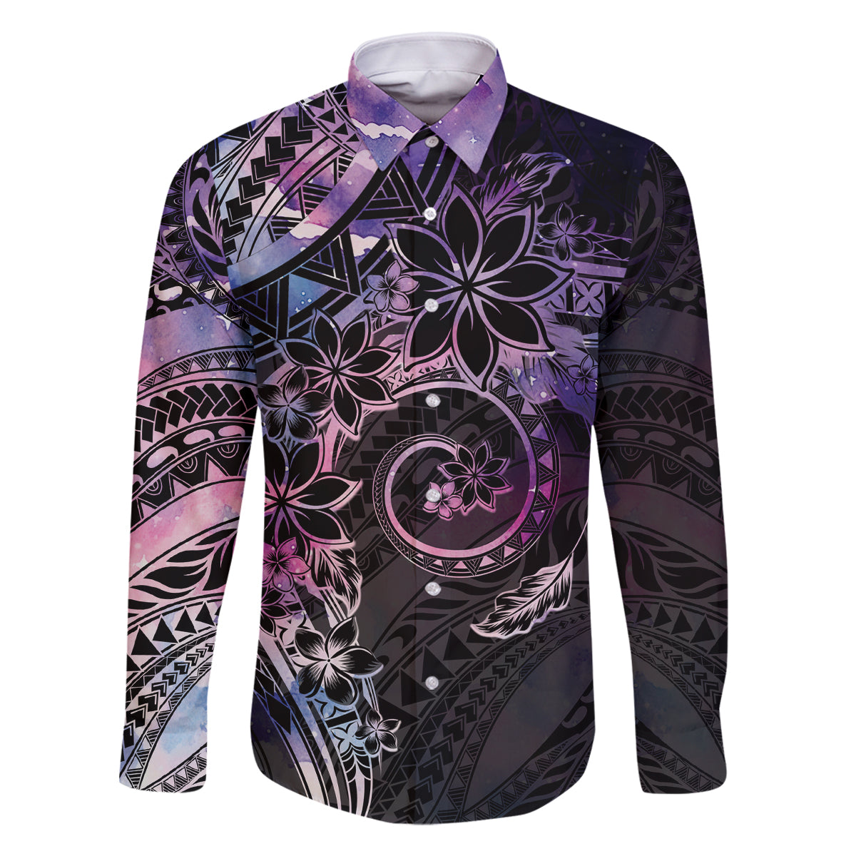 Polynesian Sunset Plumeria Family Matching Summer Maxi Dress and Hawaiian Shirt Galaxy Polynesian Tattoo LT05 Dad's Shirt - Long Sleeve Galaxy - Polynesian Pride