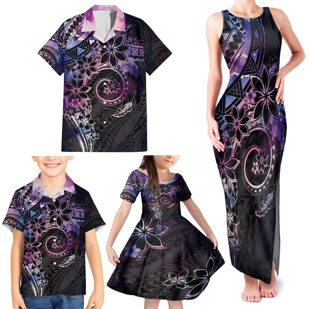 Polynesian Sunset Plumeria Family Matching Tank Maxi Dress and Hawaiian Shirt Galaxy Polynesian Tattoo LT05 - Polynesian Pride