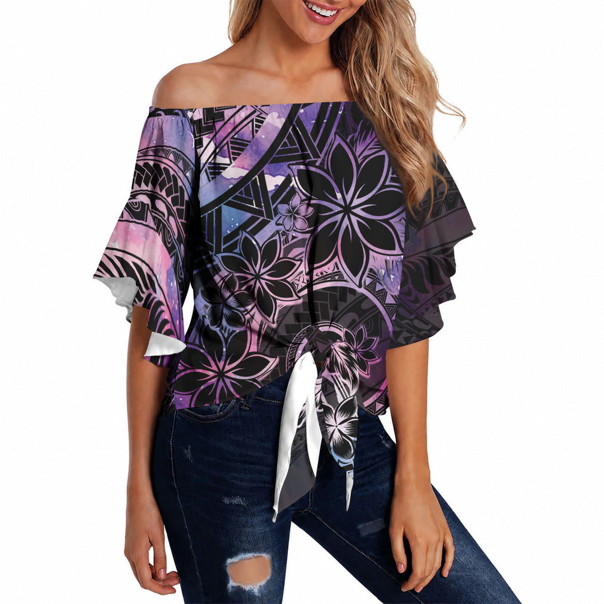 Polynesian Sunset Plumeria Off Shoulder Wrap Waist Top Galaxy Polynesian Tattoo LT05 - Polynesian Pride