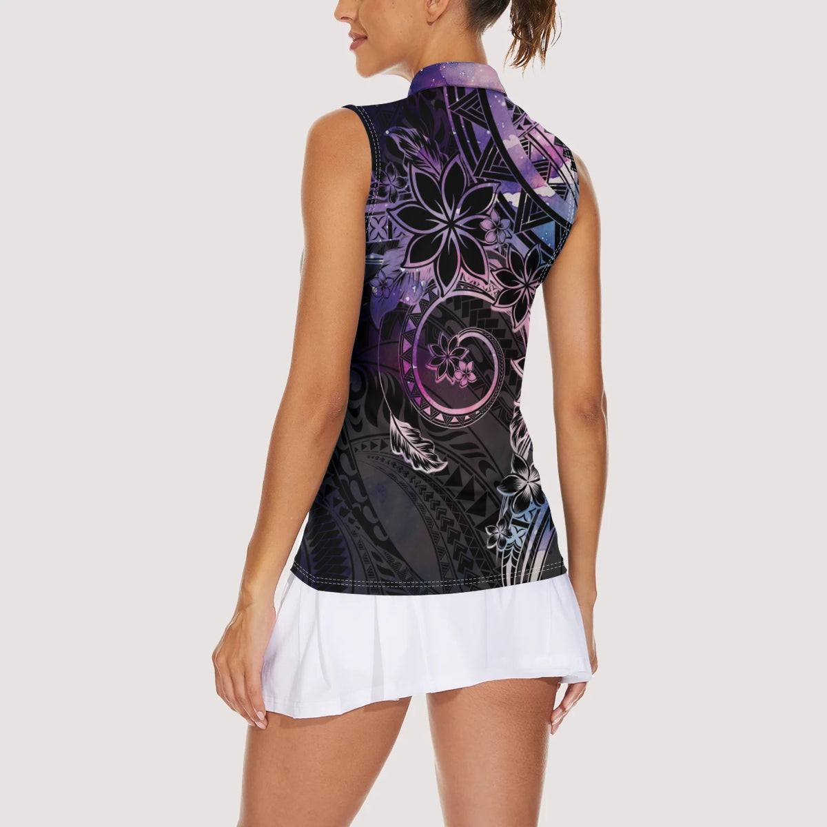Polynesian Sunset Plumeria Women Sleeveless Polo Shirt Galaxy Polynesian Tattoo