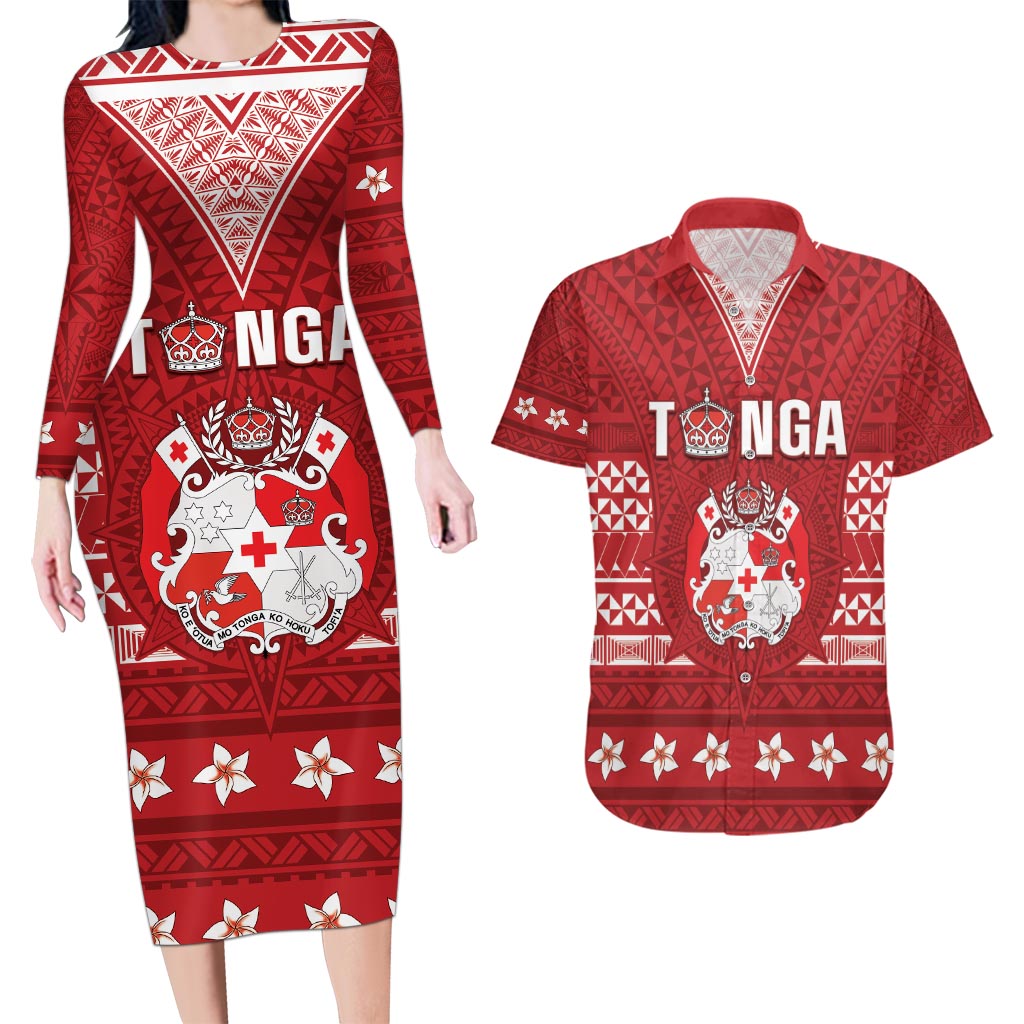Tonga King Tupou VI Day Couples Matching Long Sleeve Bodycon Dress and Hawaiian Shirt Traditional Tongan Kupesi Pattern LT05 Red - Polynesian Pride