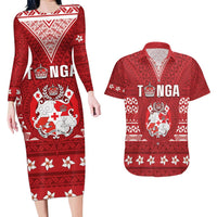 Tonga King Tupou VI Day Couples Matching Long Sleeve Bodycon Dress and Hawaiian Shirt Traditional Tongan Kupesi Pattern LT05 Red - Polynesian Pride