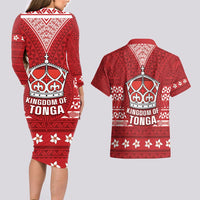 Tonga King Tupou VI Day Couples Matching Long Sleeve Bodycon Dress and Hawaiian Shirt Traditional Tongan Kupesi Pattern LT05 - Polynesian Pride