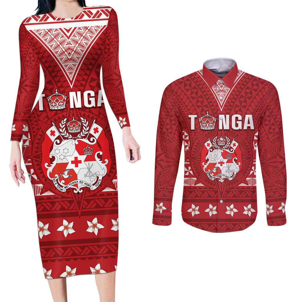 Tonga King Tupou VI Day Couples Matching Long Sleeve Bodycon Dress and Long Sleeve Button Shirt Traditional Tongan Kupesi Pattern LT05 Red - Polynesian Pride
