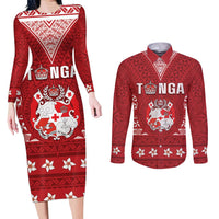 Tonga King Tupou VI Day Couples Matching Long Sleeve Bodycon Dress and Long Sleeve Button Shirt Traditional Tongan Kupesi Pattern LT05 Red - Polynesian Pride