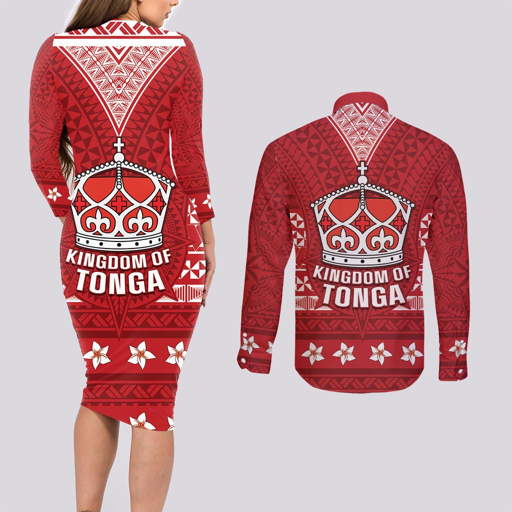 Tonga King Tupou VI Day Couples Matching Long Sleeve Bodycon Dress and Long Sleeve Button Shirt Traditional Tongan Kupesi Pattern LT05 - Polynesian Pride