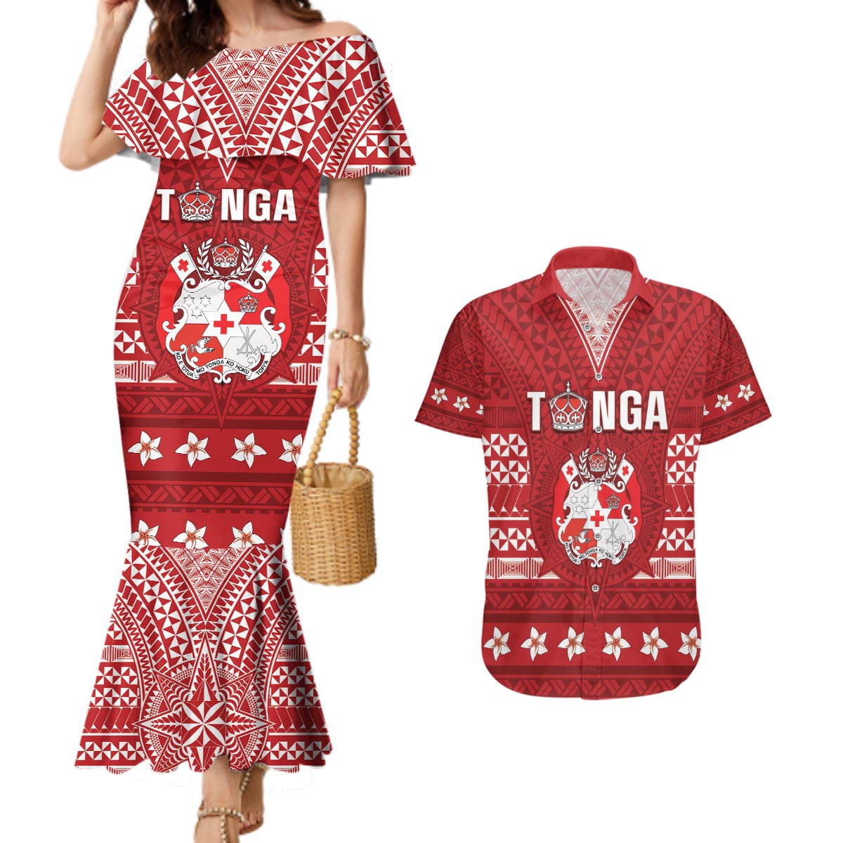Tonga King Tupou VI Day Couples Matching Mermaid Dress and Hawaiian Shirt Traditional Tongan Kupesi Pattern LT05 Red - Polynesian Pride