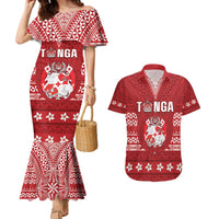 Tonga King Tupou VI Day Couples Matching Mermaid Dress and Hawaiian Shirt Traditional Tongan Kupesi Pattern LT05 Red - Polynesian Pride