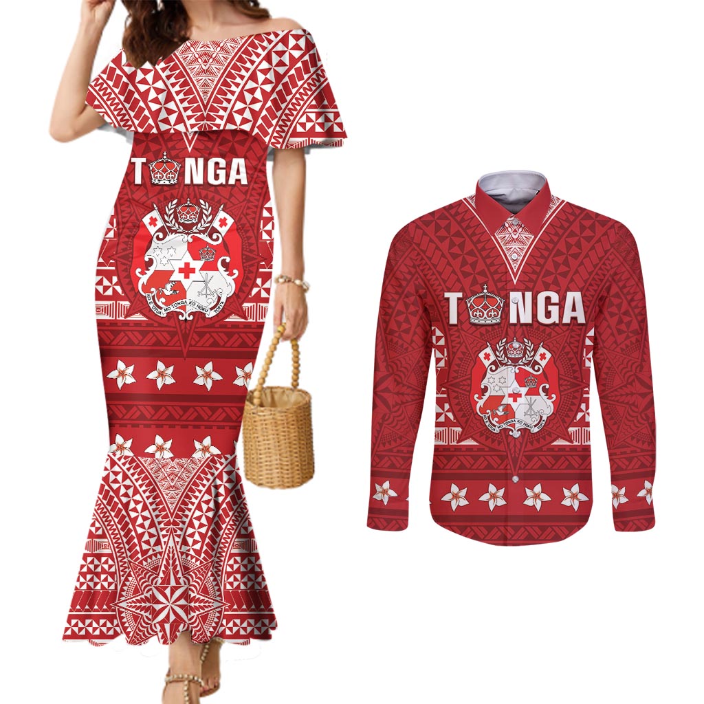 Tonga King Tupou VI Day Couples Matching Mermaid Dress and Long Sleeve Button Shirt Traditional Tongan Kupesi Pattern LT05 Red - Polynesian Pride
