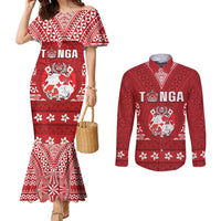 Tonga King Tupou VI Day Couples Matching Mermaid Dress and Long Sleeve Button Shirt Traditional Tongan Kupesi Pattern LT05 Red - Polynesian Pride