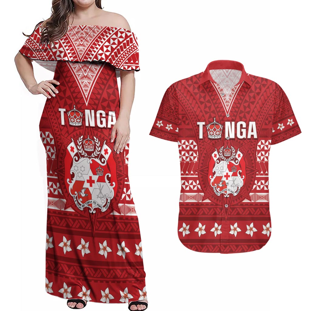 Tonga King Tupou VI Day Couples Matching Off Shoulder Maxi Dress and Hawaiian Shirt Traditional Tongan Kupesi Pattern LT05 Red - Polynesian Pride