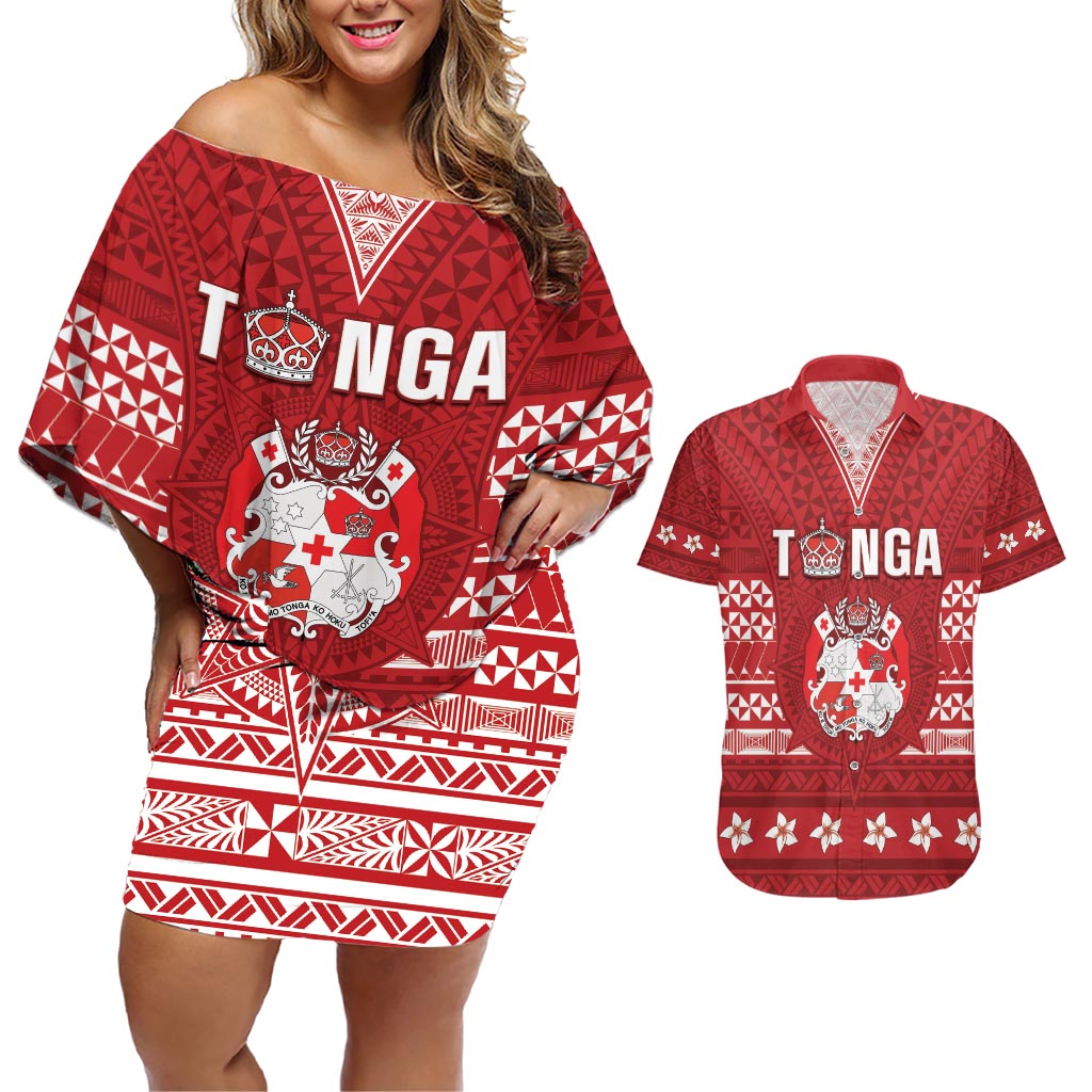 Tonga King Tupou VI Day Couples Matching Off Shoulder Short Dress and Hawaiian Shirt Traditional Tongan Kupesi Pattern LT05 Red - Polynesian Pride