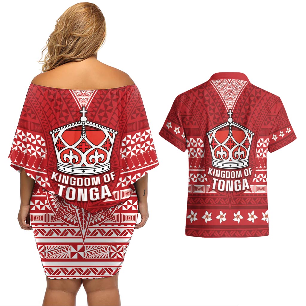 Tonga King Tupou VI Day Couples Matching Off Shoulder Short Dress and Hawaiian Shirt Traditional Tongan Kupesi Pattern LT05 - Polynesian Pride