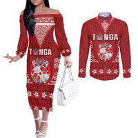 Tonga King Tupou VI Day Couples Matching Off The Shoulder Long Sleeve Dress and Long Sleeve Button Shirt Traditional Tongan Kupesi Pattern LT05 Red - Polynesian Pride