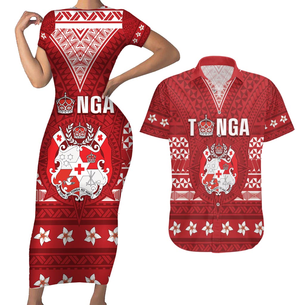 Tonga King Tupou VI Day Couples Matching Short Sleeve Bodycon Dress and Hawaiian Shirt Traditional Tongan Kupesi Pattern LT05 Red - Polynesian Pride