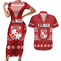 Tonga King Tupou VI Day Couples Matching Short Sleeve Bodycon Dress and Hawaiian Shirt Traditional Tongan Kupesi Pattern LT05 Red - Polynesian Pride
