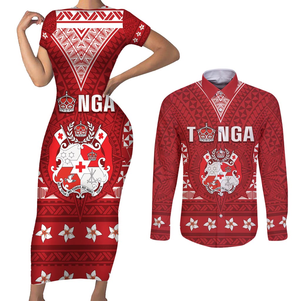 Tonga King Tupou VI Day Couples Matching Short Sleeve Bodycon Dress and Long Sleeve Button Shirt Traditional Tongan Kupesi Pattern LT05 Red - Polynesian Pride