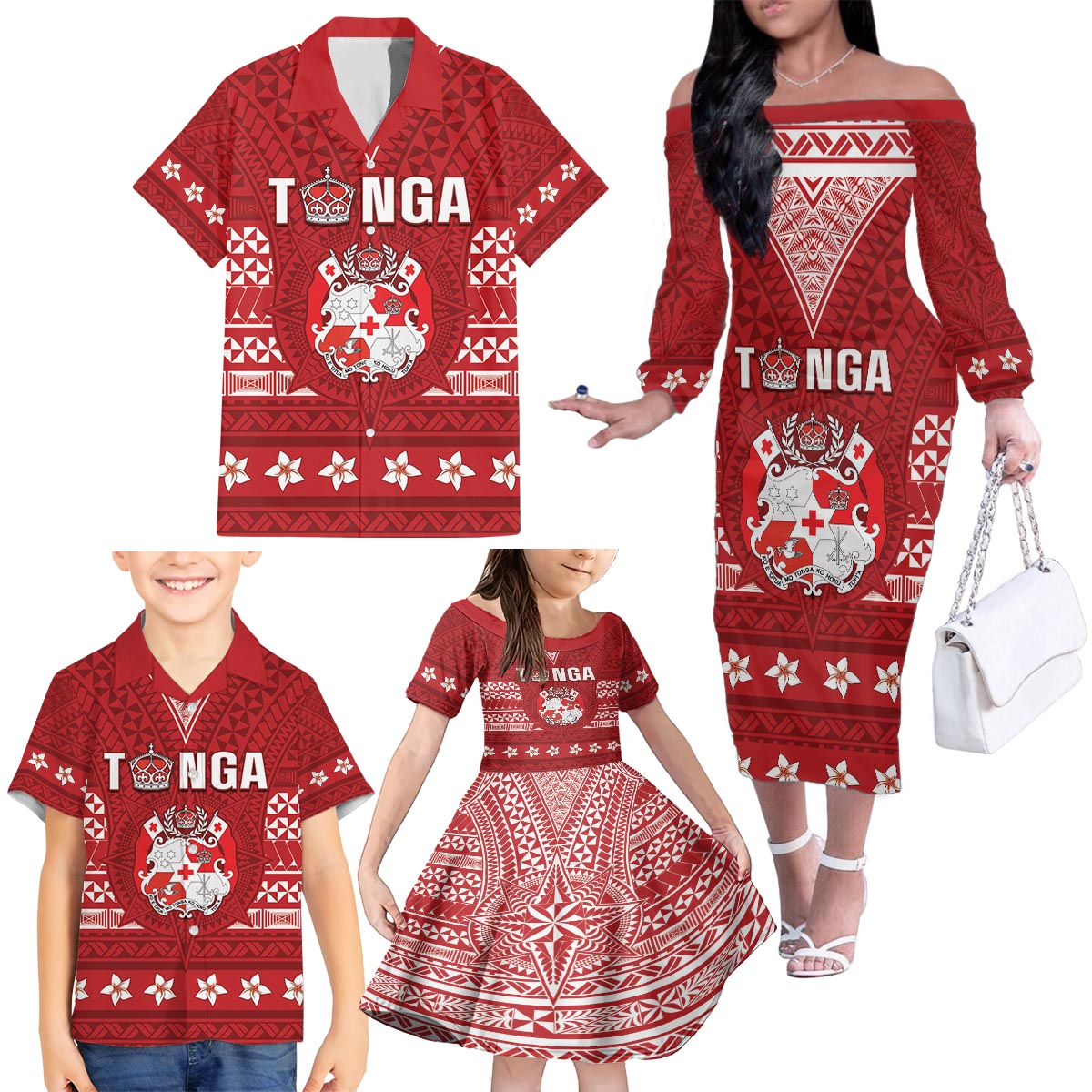 Tonga King Tupou VI Day Family Matching Off The Shoulder Long Sleeve Dress and Hawaiian Shirt Traditional Tongan Kupesi Pattern LT05 - Polynesian Pride