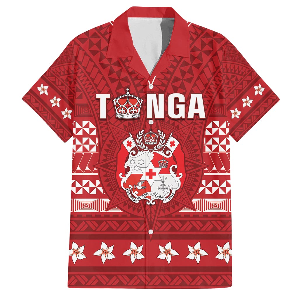 Tonga King Tupou VI Day Family Matching Off Shoulder Maxi Dress and Hawaiian Shirt Traditional Tongan Kupesi Pattern LT05 Dad's Shirt - Short Sleeve Red - Polynesian Pride