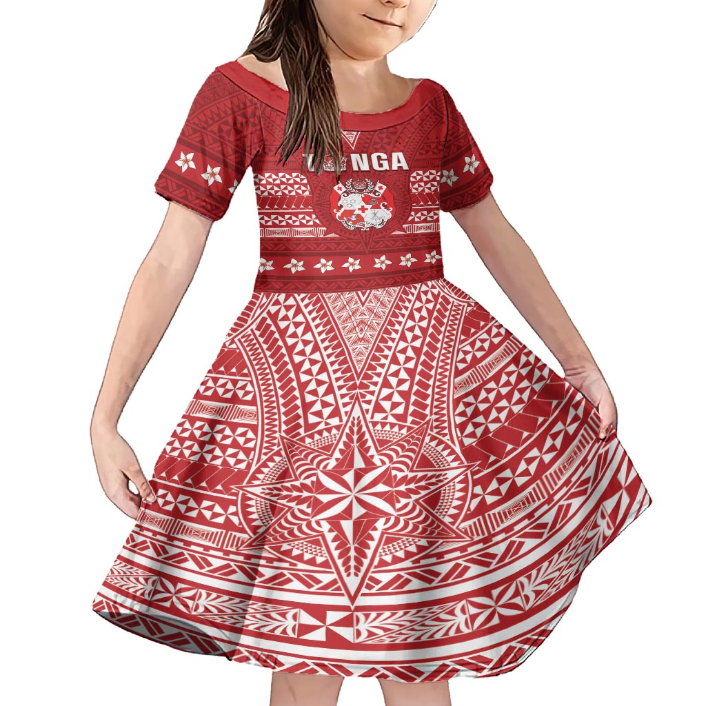 Tonga King Tupou VI Day Family Matching Short Sleeve Bodycon Dress and Hawaiian Shirt Traditional Tongan Kupesi Pattern LT05 Daughter's Dress Red - Polynesian Pride